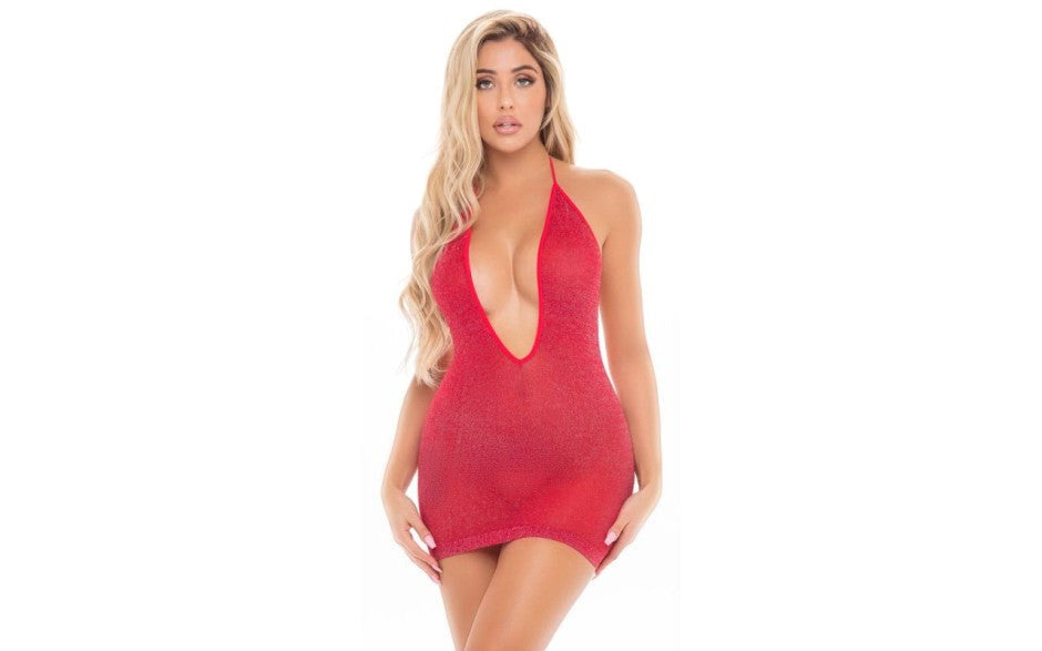 Pink Lipstick Love Bite Plunge Womens Halter Dress One Size Sheer Seduction - Skirts And Club Wear