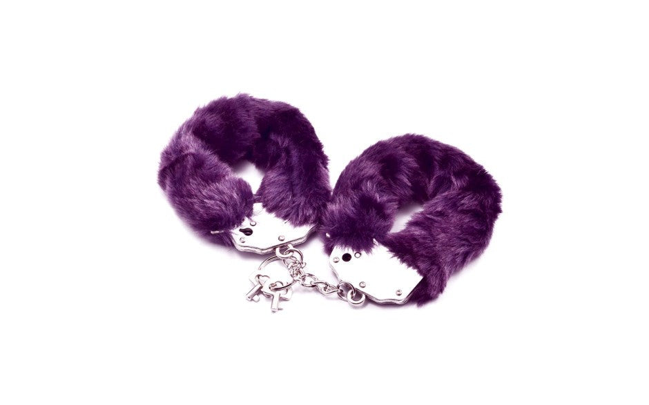 Lovetoy Fetish Pleasure Fluffy Bondage Hand Cuff Purple with Dual Keys - Cuffs And Restraints