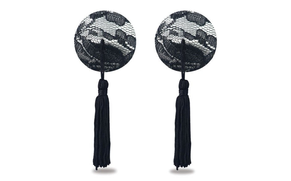 Lovetoy Reusable Black Lace Round Tassel Nipple Pasties with Premium Lace - Breast and Nipple Toys