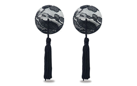 Lovetoy Reusable Black Lace Round Tassel Nipple Pasties with Premium Lace - Breast and Nipple Toys