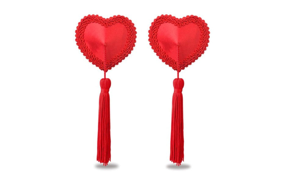 Lovetoy Reusable Red Heart Tassels Womens Nipple Pasties with Lace - Breast and Nipple Toys
