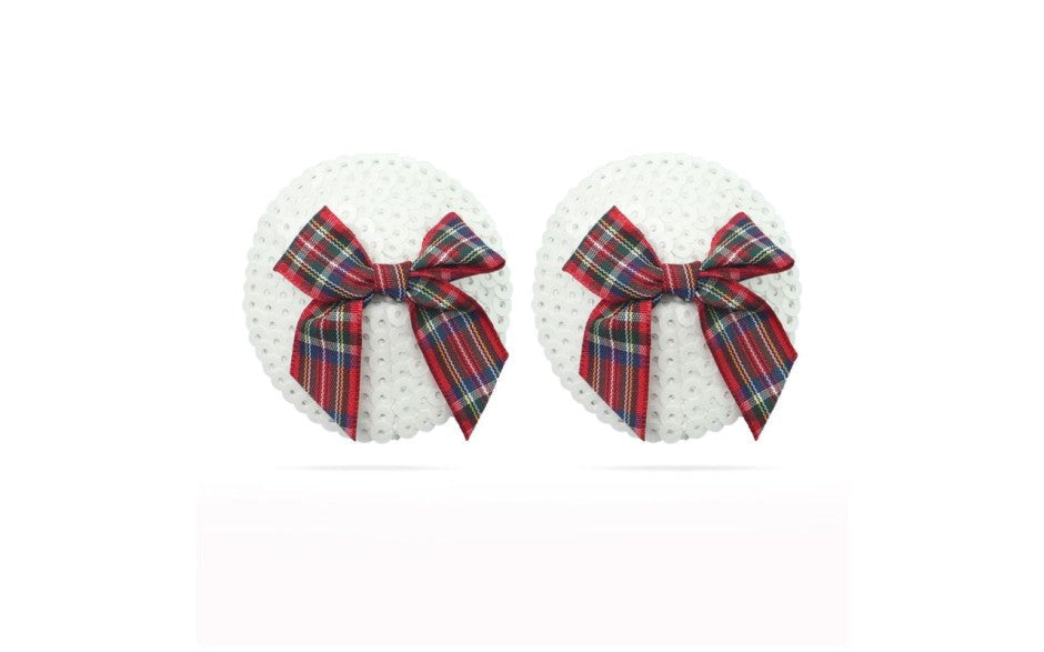 Lovetoy Reusable Sequin Round Womens Nipple Pasties with Tartan Bow Design - Breast and Nipple Toys