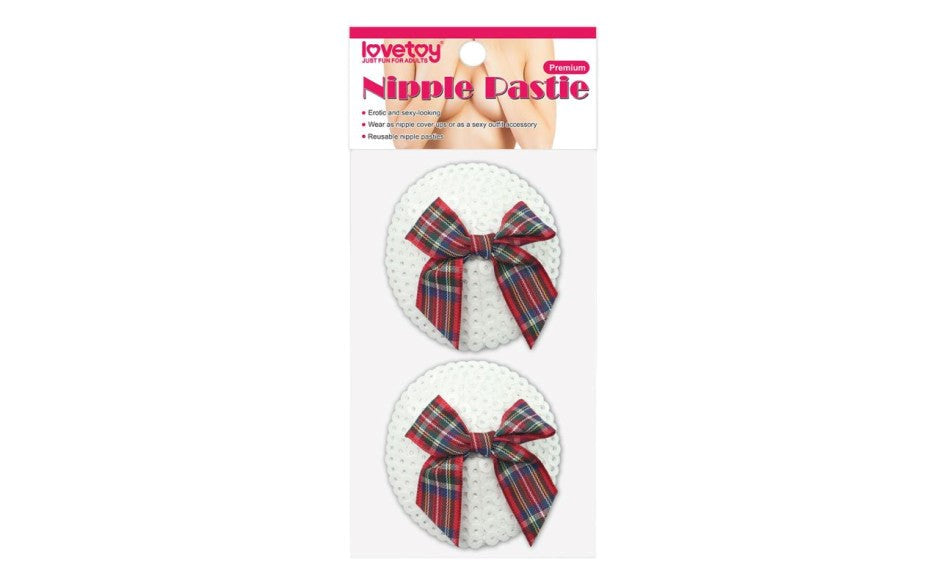 Lovetoy Reusable Sequin Round Womens Nipple Pasties with Tartan Bow Design - Breast and Nipple Toys