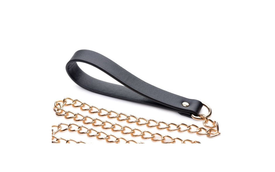 XR Brands Master Series Leashed Lover Black and Gold Chain Leash BDSM Control - - Collars and Leads