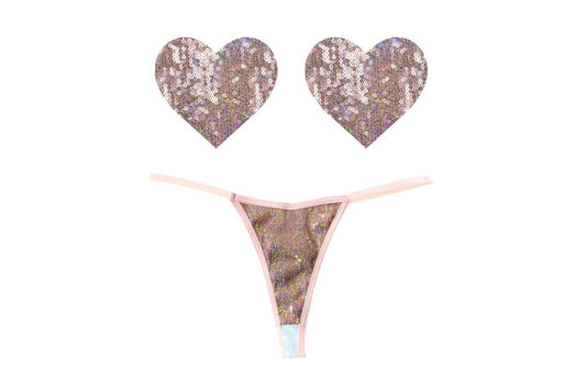 Neva Nude Bubbly Feels Nude Sequin Pantie & Heart Shapes Pastie Set - - G-Strings, Panties and Shorts