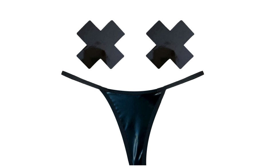 Neva Nude Dom Squad Black Wet Vinyl Pastie & G String Set with Medical Grade - - G-Strings, Panties and Shorts