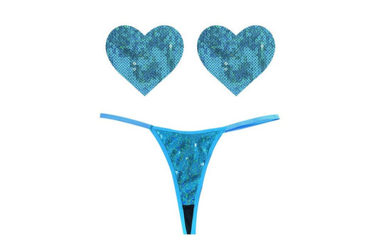 Neva Nude Mahi Mahi Blue Sequin G String & Heart Shapes Pastie Set - - G-Strings, Panties and Shorts