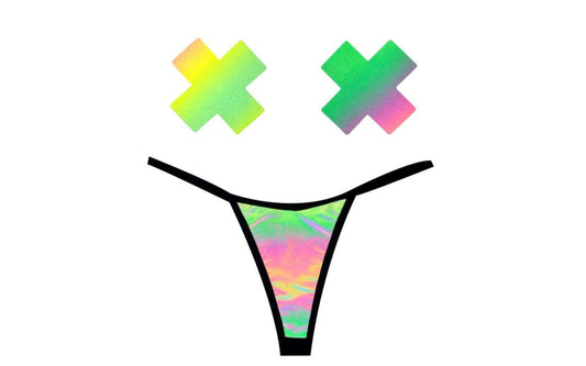 Neva Nude Rainbow Reflective G String & X Pastie Set Light Reactive Fashion - - G-Strings, Panties and Shorts