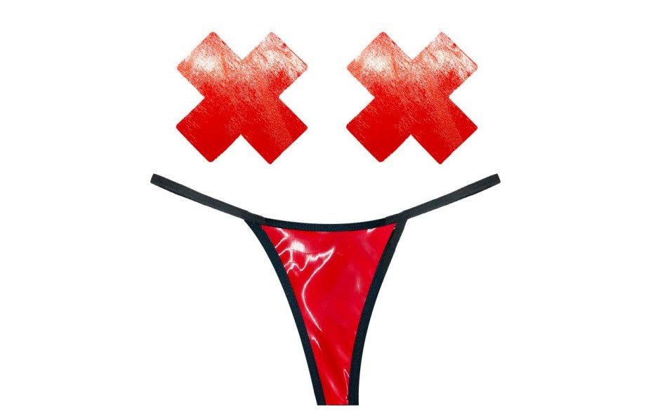 Neva Nude Vixen Red Wet Vinyl Womens Pastie & G String Set with Medical Adhesive - - G-Strings, Panties and Shorts