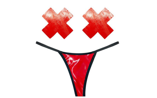 Neva Nude Vixen Red Wet Vinyl Womens Pastie & G String Set with Medical Adhesive - - G-Strings, Panties and Shorts