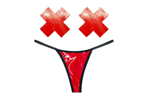 Neva Nude Vixen Red Wet Vinyl Womens Pastie & G String Set with Medical Adhesive - G-Strings, Panties and Shorts