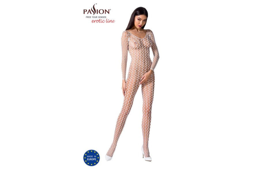 Passion Lingerie Ribbed Mesh Quality Bodystocking BS068 One Size White Ribbed - - Body Stockings