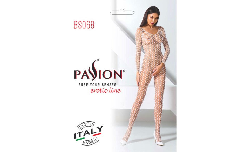 Passion Lingerie Ribbed Mesh Quality Bodystocking BS068 One Size White Ribbed - - Body Stockings