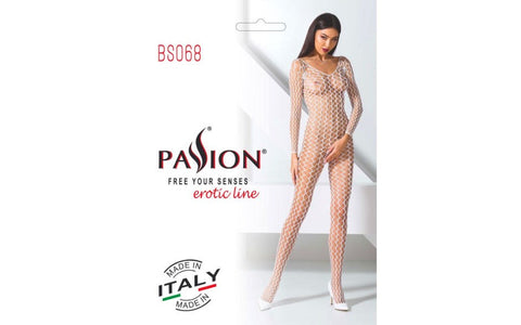 Passion Lingerie Ribbed Mesh Quality Bodystocking BS068 One Size White Ribbed - Body Stockings