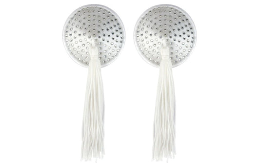 Peekaboo Pasties White Satin With Rhinestone & Tassel Nipple Pasties - - Fancy Dress Ups