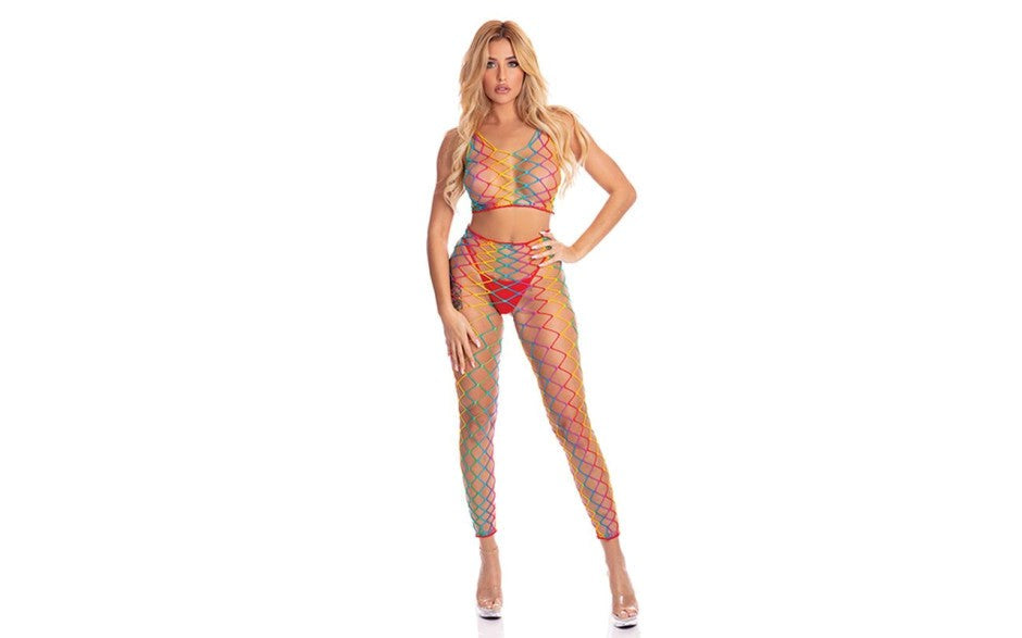 Pink Lipstick 2 Piece Womens Body Stocking One Size Rainbow Fishnet Set - - Body Stockings