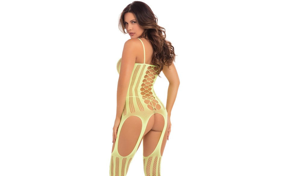 Pink Lipstick Fake News Womens Body Stocking One Size Yellow with Garter Design - - Body Stockings