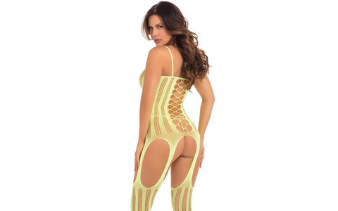 Pink Lipstick Fake News Womens Body Stocking One Size Yellow with Garter Design - Body Stockings