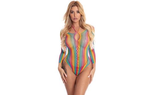 Pink Lipstick More Colour Long Sleeve Womens Bodysuit Rainbow Fishnet Halterneck - - Teddies and Bodysuits