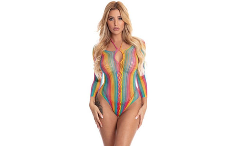 Pink Lipstick More Colour Long Sleeve Womens Bodysuit Rainbow Fishnet Halterneck - Teddies and Bodysuits