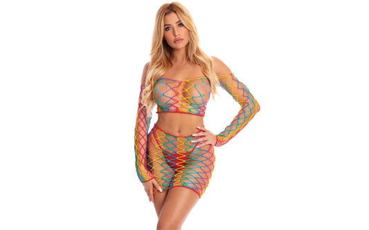 Pink Lipstick Pot of Gold 2 Piece Fishnet Skirt Set Rainbow Lingerie - - Skirts And Club Wear