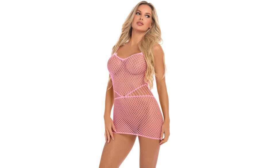 Pink Lipstick Roll Up Net Sexy Womens Mini Dress One Size Pink Fishnet Design - Skirts And Club Wear