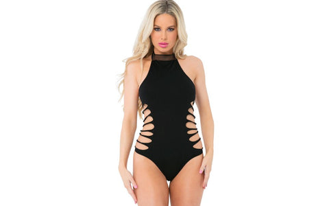 Pink Lipstick Slit N Spin Womens Bodysuit One Size Black Seductive Lingerie - Teddies and Bodysuits