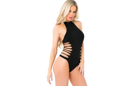 Pink Lipstick Slit N Spin Womens Bodysuit One Size Black Seductive Lingerie - Teddies and Bodysuits