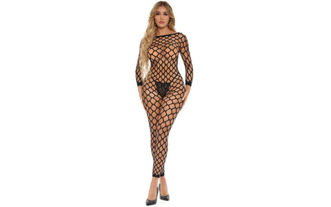 Pink Lipstick Swipe Right Crotchless Womens Bodystocking One Size Black Diamond Net - Body Stockings