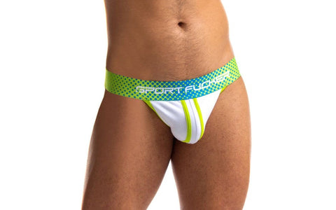 Sport Fucker Jersey Sexy Mens Jock Strap Green and White Cotton Blend - Jocks and G-Strings