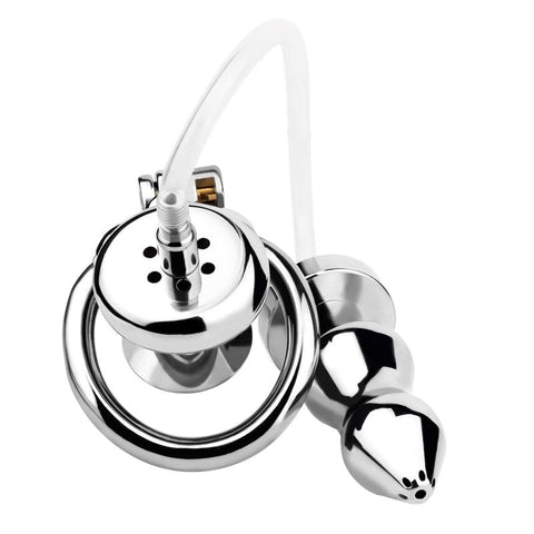 BDStyle Stainless Steel Male Chastity Cage With Enema Butt Plug Medium - Male Chastity