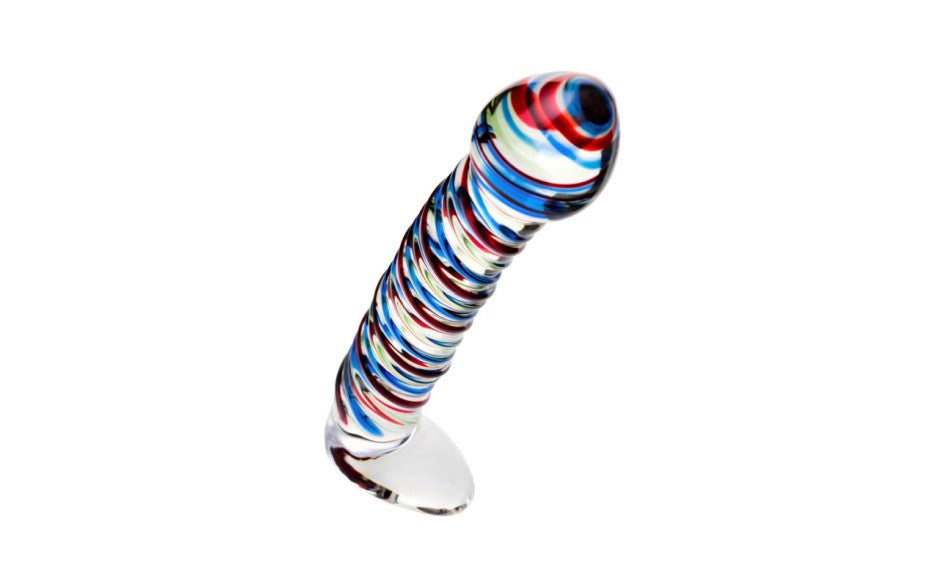 Sexus Glass Dildo Stripes With Base 16cm Blue Red Glass Sex Toy - - Glass Sex Toys