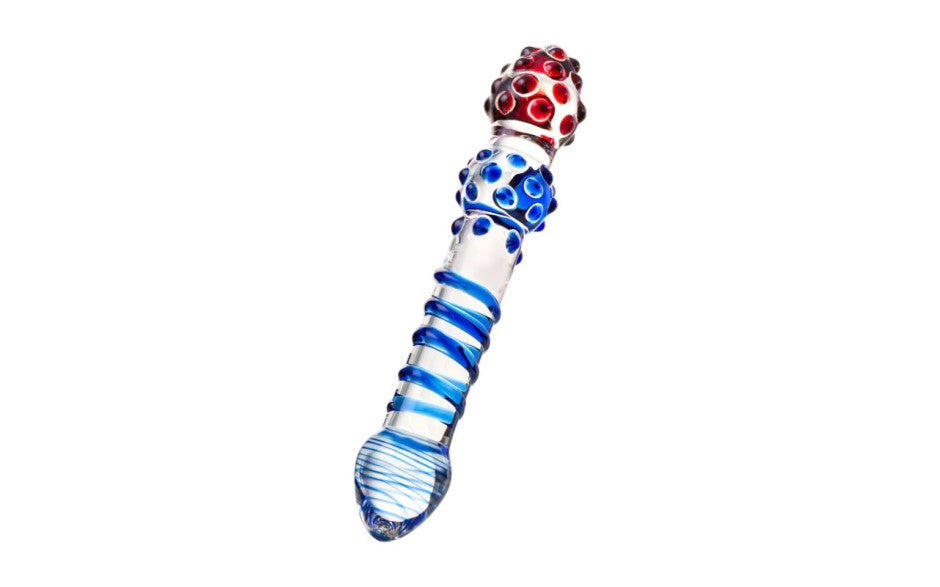 Sexus Glass Dildo 20.5cm Blue & Red Medical Grade Glass Temperature Play - - Glass Sex Toys