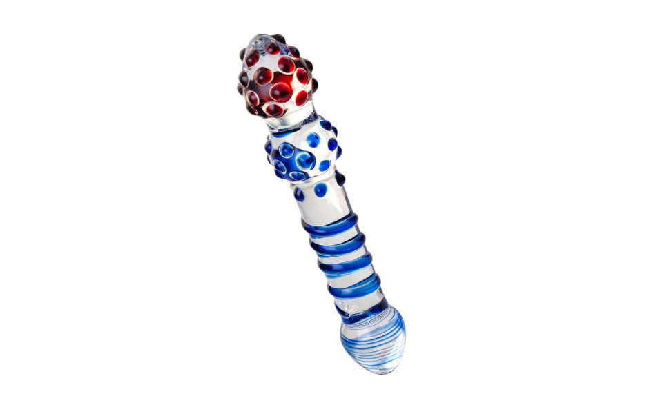 Sexus Glass Dildo 20.5cm Blue & Red Medical Grade Glass Temperature Play - - Glass Sex Toys