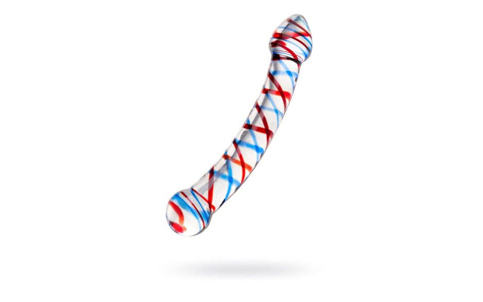 Sexus Glass Curved Glass Dildo 20cm Blue & Red with Temperature Play - - Glass Sex Toys