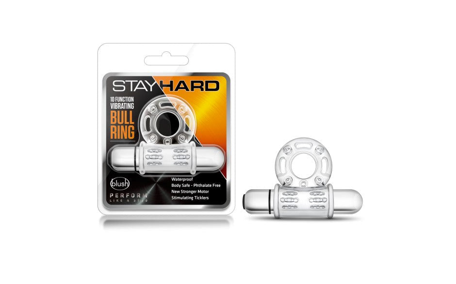 Blush Novelties Stay Hard 10 Function Vibrating Mega Bull Penis Ring Clear - Vibrating Cock Rings