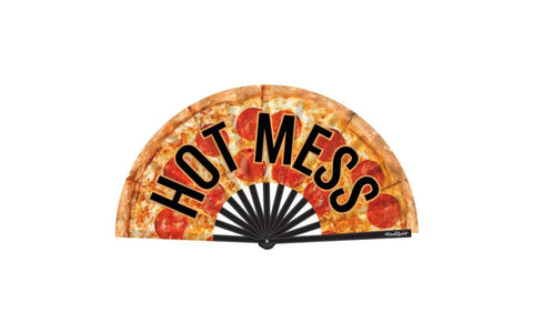 Wood Rocket Hot Mess Large Sized Folding Hand Fan with Pizza Design - Party Gifts and Novelties