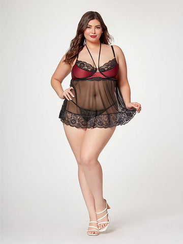 Seven til Midnight The Romantic Two Piece Womens Babydoll Set 3X/4X Satin Mesh - BabyDolls And Chemises