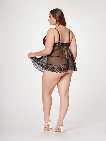Seven til Midnight The Romantic Two Piece Womens Babydoll Set 3X/4X Satin Mesh - BabyDolls And Chemises
