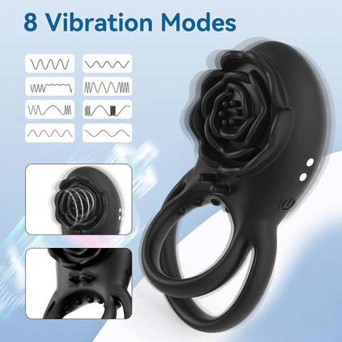 BDStyle Rose 8 Functions Vibrating Penis Ring with Rose Design - Vibrating Cock Rings