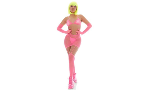 Pink Lipstick Mesh Womens Bling Ring Set With Pasties Pink Festival Lingerie - Teddies and Bodysuits
