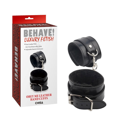 Behave Obey Me Leather Bondage Hand Cuffs Black - Cuffs And Restraints