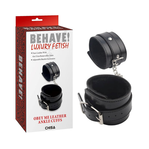 Behave Obey Me Leather Fetish Ankle Cuffs Black - Cuffs And Restraints