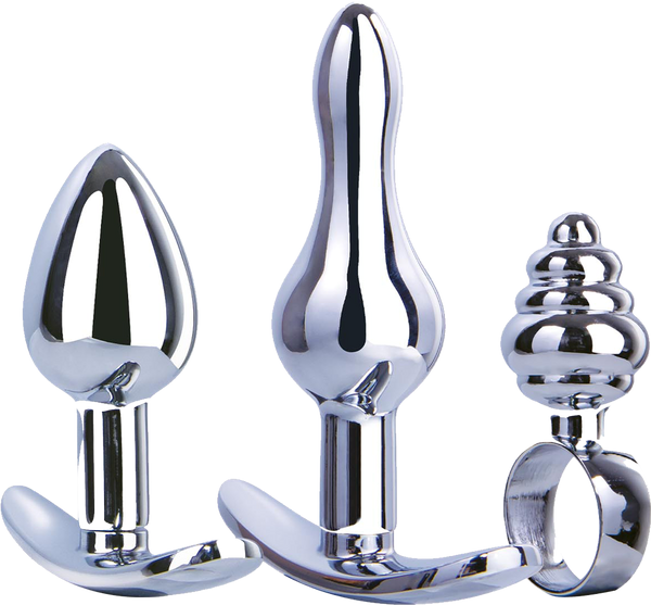 Hardware Gear T Bar Base 3 In 1 Metal Butt Plug Kit Set Chrome - - Butt Plugs