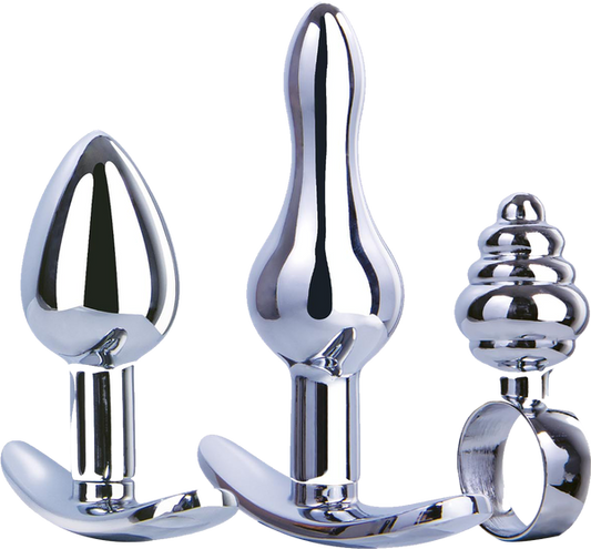 Hardware Gear T Bar Base 3 In 1 Metal Butt Plug Kit Set Chrome - - Butt Plugs