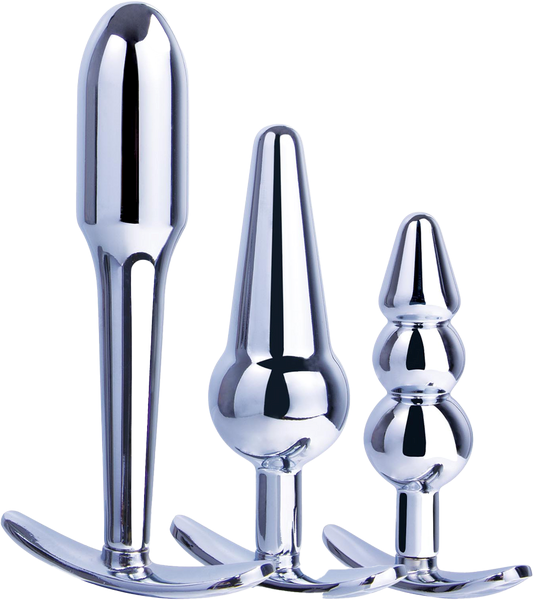 Hardware Gear 3 In 1 Metal Butt Plug Kit Set With Pull Ring Design Chrome - - Butt Plugs