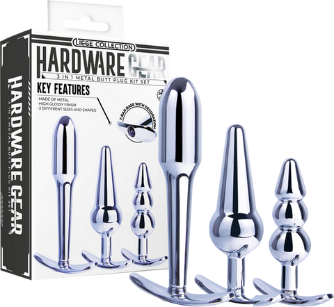 Hardware Gear 3 In 1 Metal Butt Plug Kit Set With Pull Ring Design Chrome - Butt Plugs
