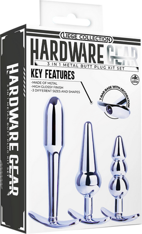 Hardware Gear 3 In 1 Metal Butt Plug Kit Set With Pull Ring Design Chrome - Butt Plugs