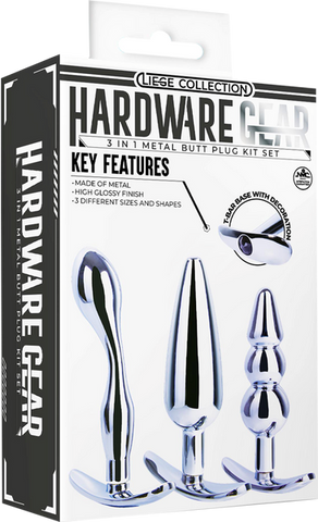 Hardware Gear 3 in 1 High Glossy Finish Metal Butt Plug Kit Set Chrome - Butt Plugs