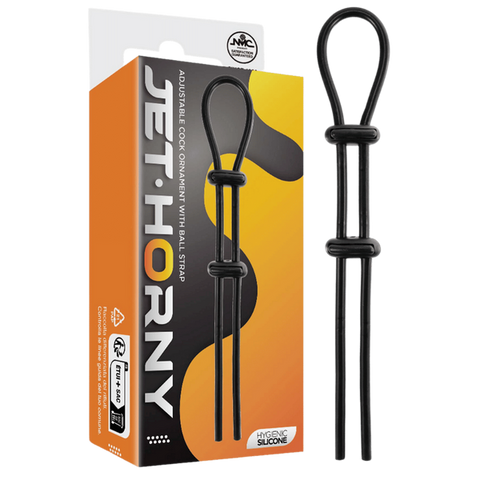 Jet Horny Adjustable Male Cock Ornament with Ball Strap Black - Stretchy Cock Rings